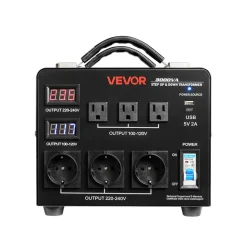 VEVOR Voltage Auto Converter Transformer, 3000VA, Heavy Duty Step Up/Down Power Transformer, 110V to 220V and 220V to 110V, with 3 US Outlets, 3 EU Outlets, LCD Display, Circuit Breaker Protection