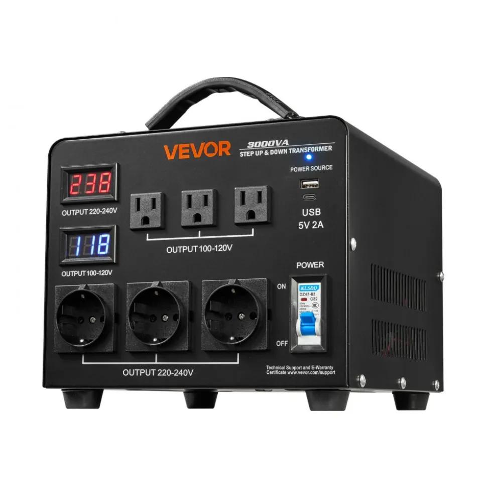 VEVOR Voltage Auto Converter Transformer, 3000VA, Heavy Duty Step Up/Down Power Transformer, 110V to 220V and 220V to 110V, with 3 US Outlets, 3 EU Outlets, LCD Display, Circuit Breaker Protection