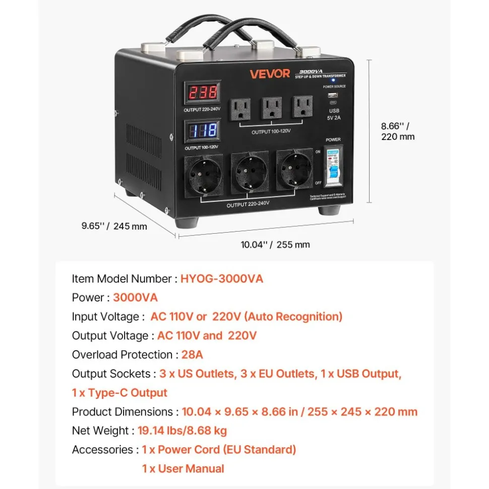 VEVOR Voltage Auto Converter Transformer, 3000VA, Heavy Duty Step Up/Down Power Transformer, 110V to 220V and 220V to 110V, with 3 US Outlets, 3 EU Outlets, LCD Display, Circuit Breaker Protection