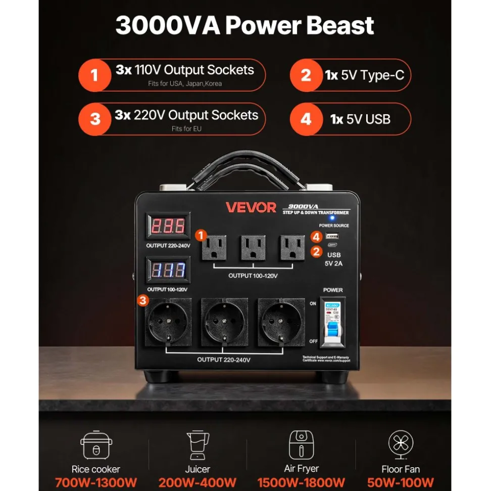 VEVOR Voltage Auto Converter Transformer, 3000VA, Heavy Duty Step Up/Down Power Transformer, 110V to 220V and 220V to 110V, with 3 US Outlets, 3 EU Outlets, LCD Display, Circuit Breaker Protection