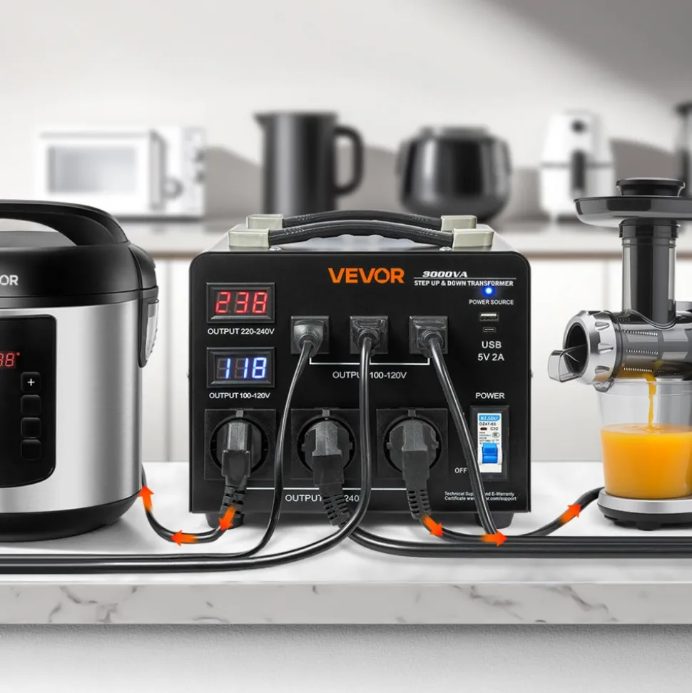 VEVOR Voltage Auto Converter Transformer, 3000VA, Heavy Duty Step Up/Down Power Transformer, 110V to 220V and 220V to 110V, with 3 US Outlets, 3 EU Outlets, LCD Display, Circuit Breaker Protection