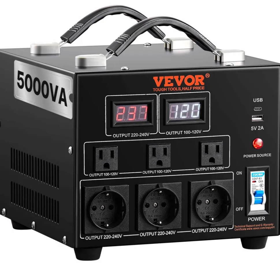 VEVOR Voltage Converter Transformer, 5000W, Heavy Duty Step Up/Down Transformer, Convert from 110 Volt to 220 Volt and from 220 Volt to 110 Volt, with US Outlet EU Outlet 5V USB Port, CE Certified