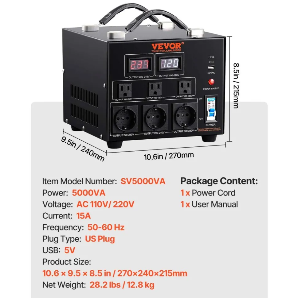VEVOR Voltage Converter Transformer, 5000W, Heavy Duty Step Up/Down Transformer, Convert from 110 Volt to 220 Volt and from 220 Volt to 110 Volt, with US Outlet EU Outlet 5V USB Port, CE Certified
