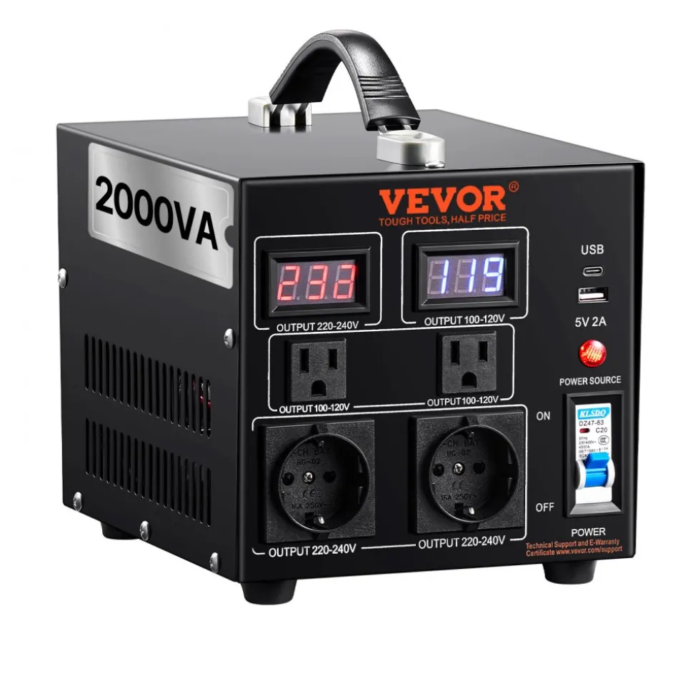 VEVOR Voltage Converter Transformer, 2000W, Heavy Duty Step Up/Down Transformer, Convert from 110 Volt to 220 Volt and from 220 Volt to 110 Volt, with US Outlet EU Outlet 5V USB Port, CE Certified