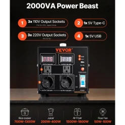 VEVOR Voltage Converter Transformer, 2000W, Heavy Duty Step Up/Down Transformer, Convert from 110 Volt to 220 Volt and from 220 Volt to 110 Volt, with US Outlet EU Outlet 5V USB Port, CE Certified