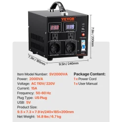 VEVOR Voltage Converter Transformer, 2000W, Heavy Duty Step Up/Down Transformer, Convert from 110 Volt to 220 Volt and from 220 Volt to 110 Volt, with US Outlet EU Outlet 5V USB Port, CE Certified