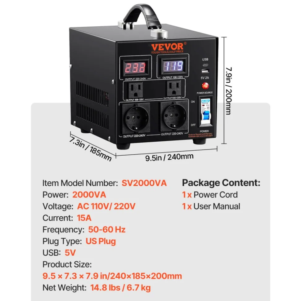 VEVOR Voltage Converter Transformer, 2000W, Heavy Duty Step Up/Down Transformer, Convert from 110 Volt to 220 Volt and from 220 Volt to 110 Volt, with US Outlet EU Outlet 5V USB Port, CE Certified