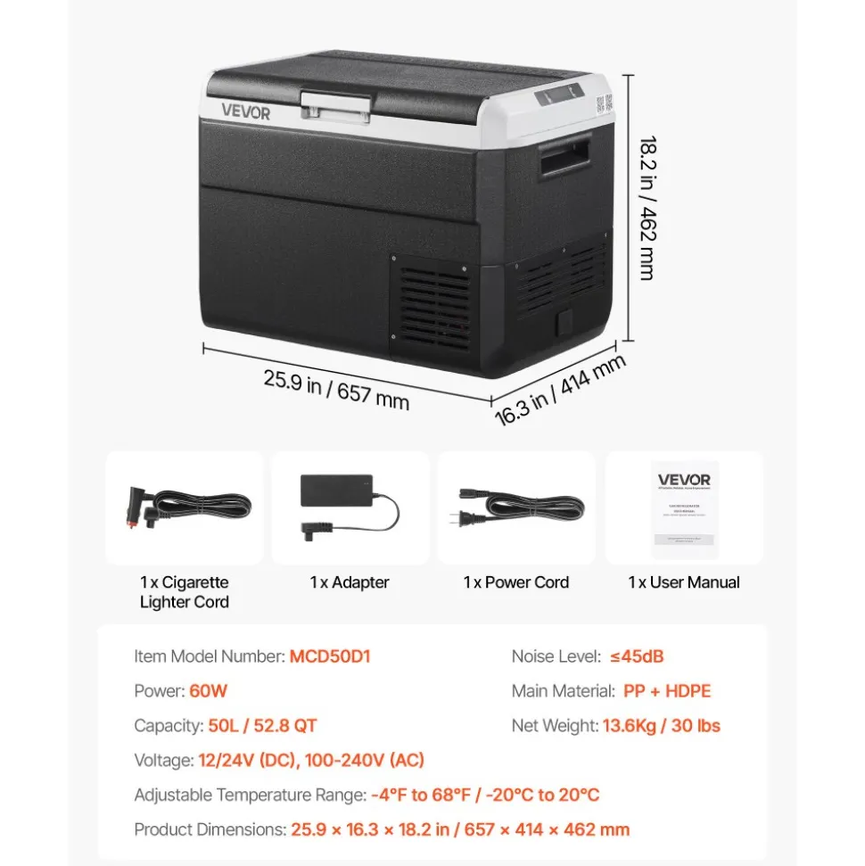 VEVOR 12 Volt Car Refrigerator, 52.8QT/50L Car Fridge, Portable Electric Cooler with -4℉~68℉ Adjustable Temperature, 12/24V DC and 100- 240V AC Compressor Freezer for Outdoor, Camping, Travel, RV