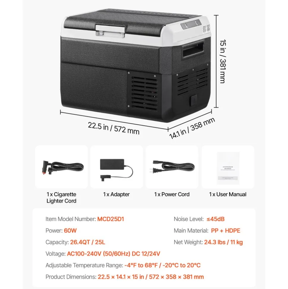VEVOR 12 Volt Car Refrigerator, 26.4QT/25L Car Fridge, Portable Electric Cooler with -4℉~68℉ Adjustable Temperature, 12/24V DC and 100- 240V AC Compressor Freezer for Outdoor, Camping, Travel, RV