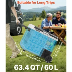 VEVOR 12 Volt Car Refrigerator, 63.4QT/60L Car Fridge, Portable Electric Cooler with Wheels and Handle, -4℉~68℉, 12/24V DC and 100- 240V AC Compressor Freezer for Outdoor, Camping, Travel, RV