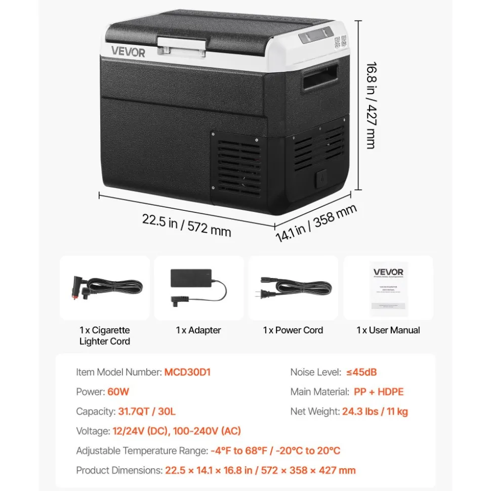 VEVOR 12 Volt Car Refrigerator, 31.7QT/30L Car Fridge, Portable Electric Cooler with -4℉~68℉ Adjustable Temperature, 12/24V DC and 100- 240V AC Compressor Freezer for Outdoor, Camping, Travel, RV