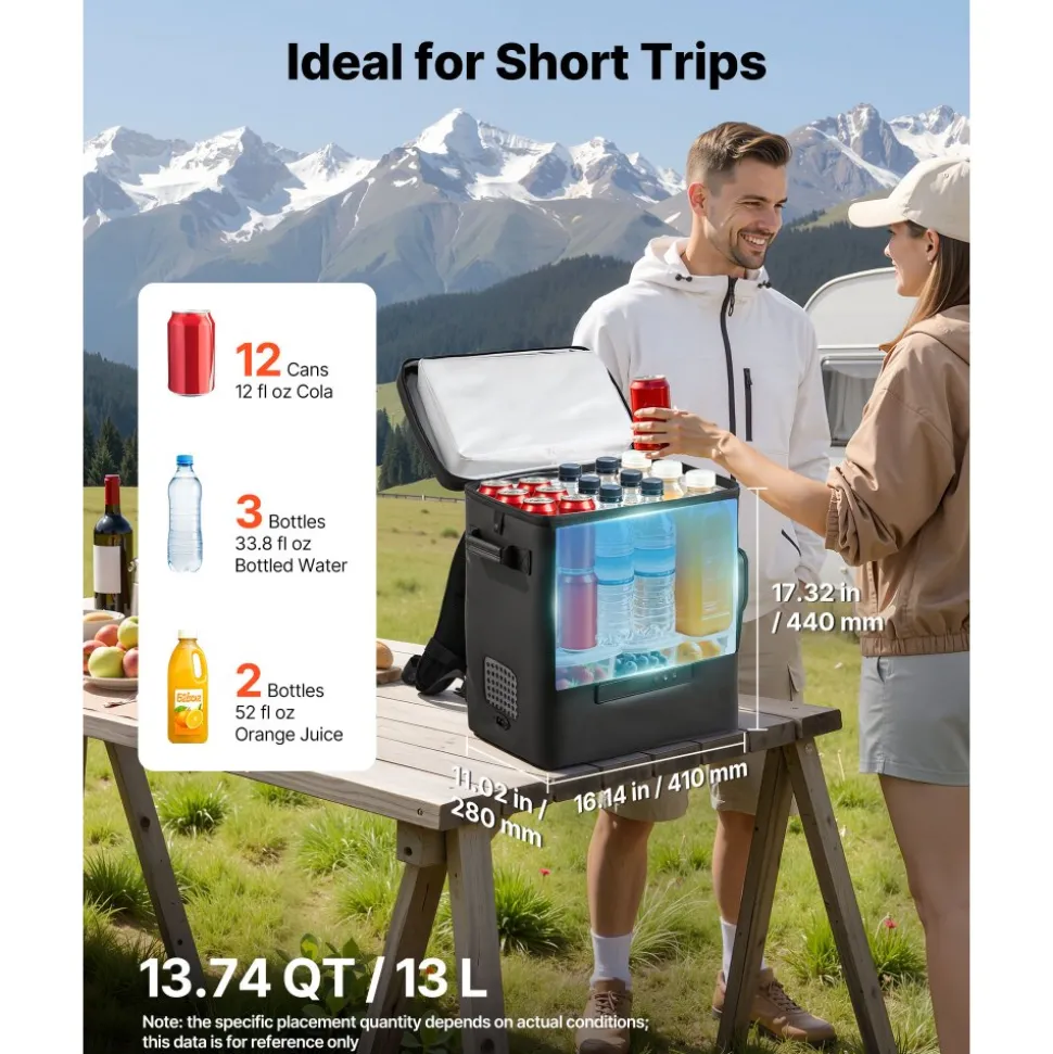 VEVOR 12 Volt Refrigerator, 13.7 QT/ 13L Car Fridge, Portable Electric Freezer Compressor, 12V/24V DC, 21℉ to 50℉/ -6℃ to 10℃, for Truck Van RV SUV Boat Travel Camping Road Trips