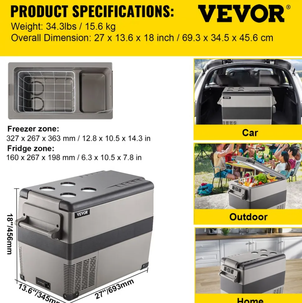 VEVOR 12 Volt Refrigerator, 48 Quart (45L) Fast Cooling Portable Freezer with App Control (-4℉~68℉), Car Fridge with 12/24v DC & 110-240v AC for Travel, Truck, Camping and Home Use, Black