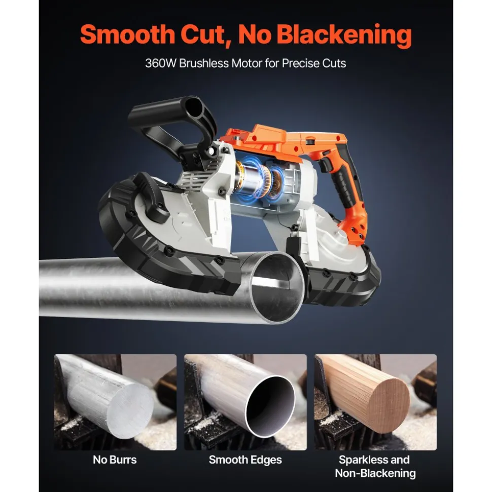 VEVOR 20V Portable Band Saw, 5 Inches Deep Cut, 360W Bandsaw with Brushless Motor, Cordless and Compact Portaband, Hang Hooks, 0-120 m/min Variable Speed, for Cutting Metal, Wood (Bare Tool Only)