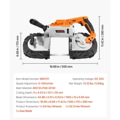 VEVOR 20V Portable Band Saw, 5 Inches Deep Cut, 360W Bandsaw with Brushless Motor, Cordless and Compact Portaband, Hang Hooks, 0-120 m/min Variable Speed, for Cutting Metal, Wood (Bare Tool Only)