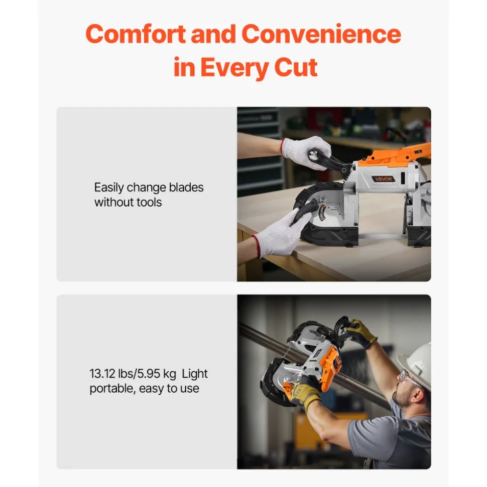 VEVOR 20V Portable Band Saw, 5 Inches Deep Cut, 360W Bandsaw with Brushless Motor, Cordless and Compact Portaband, Hang Hooks, 0-120 m/min Variable Speed, for Cutting Metal, Wood (Bare Tool Only)