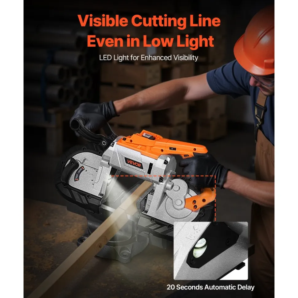 VEVOR 20V Portable Band Saw, 5 Inches Deep Cut, 360W Bandsaw with Brushless Motor, Cordless and Compact Portaband, Hang Hooks, 0-120 m/min Variable Speed, for Cutting Metal, Wood (Bare Tool Only)