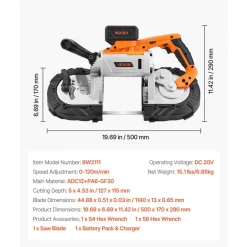 VEVOR 20V Portable Band Saw Kit, 5 Inches Deep Cut, AC 110V, 360W Bandsaw with Brushless Motor, 4.0 Ah Battery, Cordless and Compact Portaband, 0-120 m/min Variable Speed, for Cutting Metal, Wood