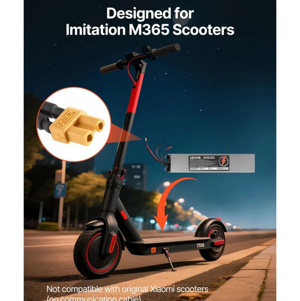 VEVOR 36V Scooter Battery Pack, 8Ah, 8000mAh Lithium Battery Replacement with 30A BMS, Charger, 500+ Cycles, Compatible with 1440W Motors, for Imitation M365 Electric Scooters, Without Communication