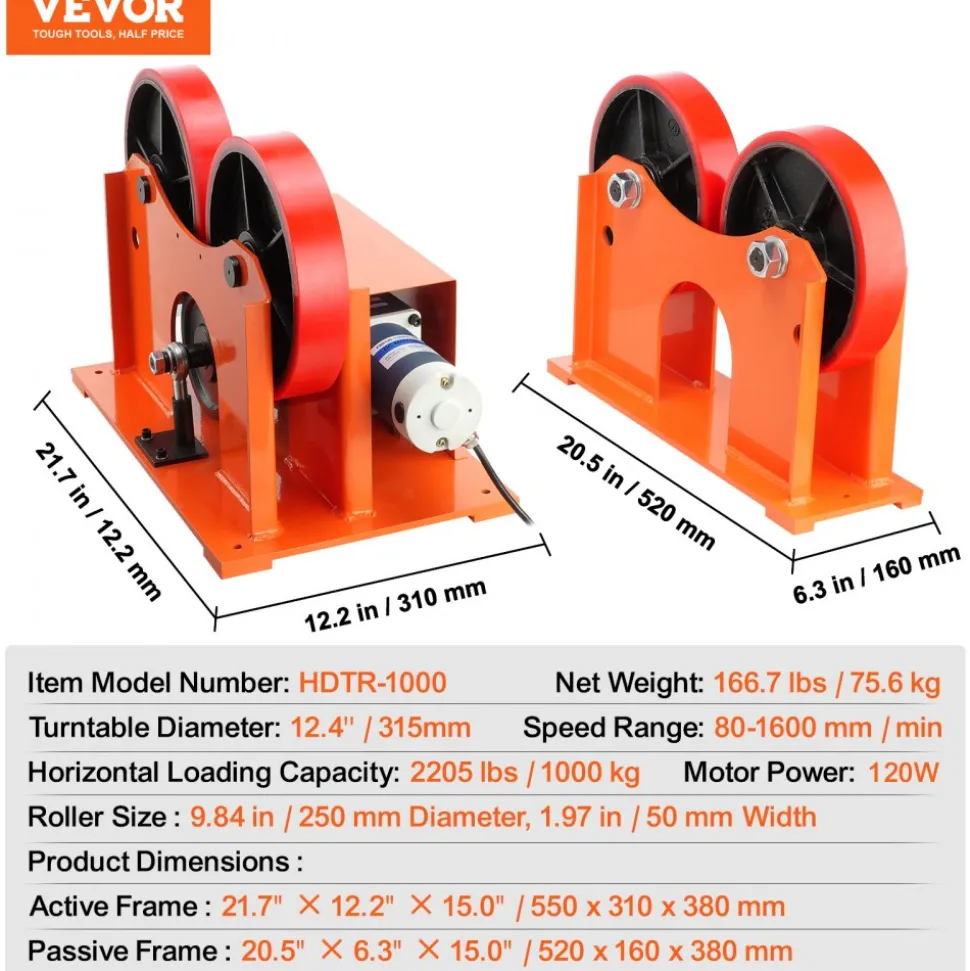 VEVOR 110V Turning Rolls Linkage Roller, 1000KG/2205LBS Loading Welding Turning Roll, 25-1400mm Diameter, 80-1600 mm/min Rotary Welding Positioner & Welding Torch Stand for Welding Equipment Support