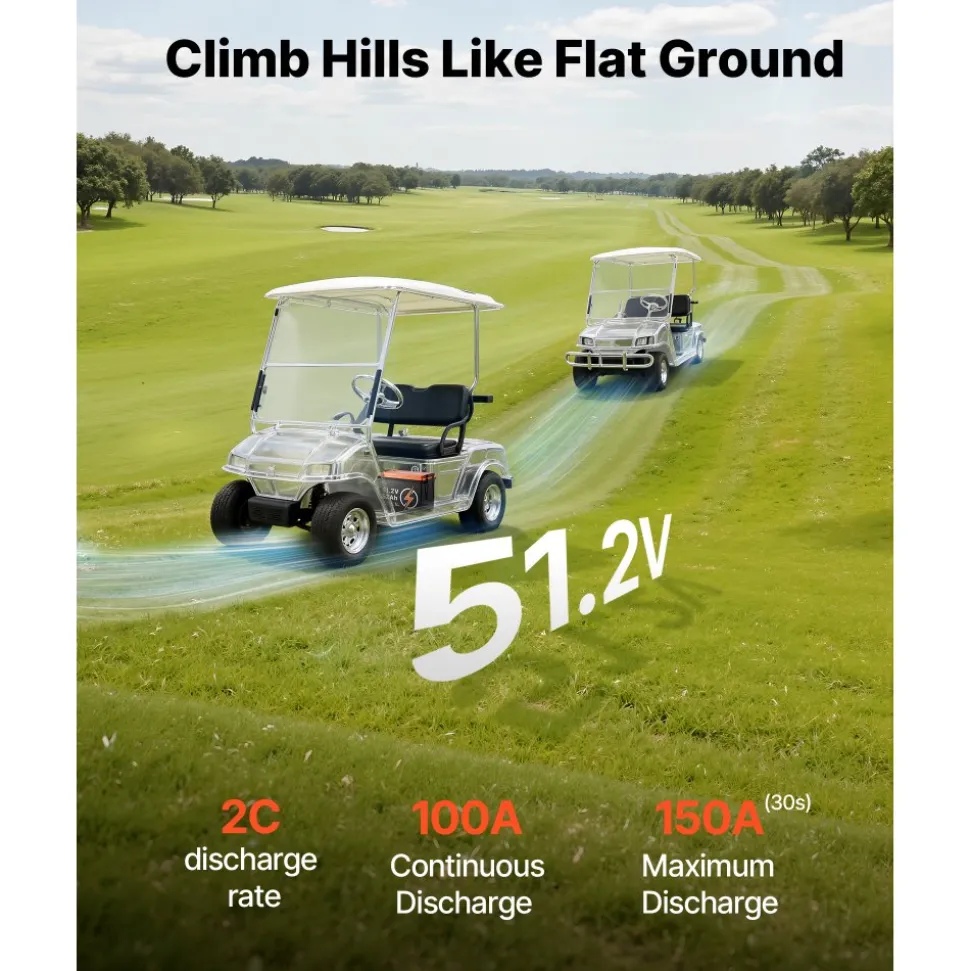VEVOR 48V (51.2V) 52AH Lithium Golf Cart Battery, with 15A Charger, Lifepo4 Battery Kit, Built-in 100A BMS, 4000 Cycles, 2C Discharge Rate, Bluetooth & Mobile APP, for Golf Carts, Trolling Motors