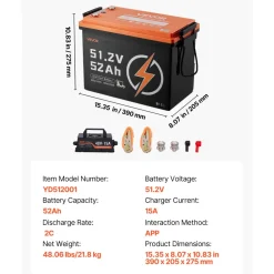 VEVOR 48V (51.2V) 52AH Lithium Golf Cart Battery, with 15A Charger, Lifepo4 Battery Kit, Built-in 100A BMS, 4000 Cycles, 2C Discharge Rate, Bluetooth & Mobile APP, for Golf Carts, Trolling Motors