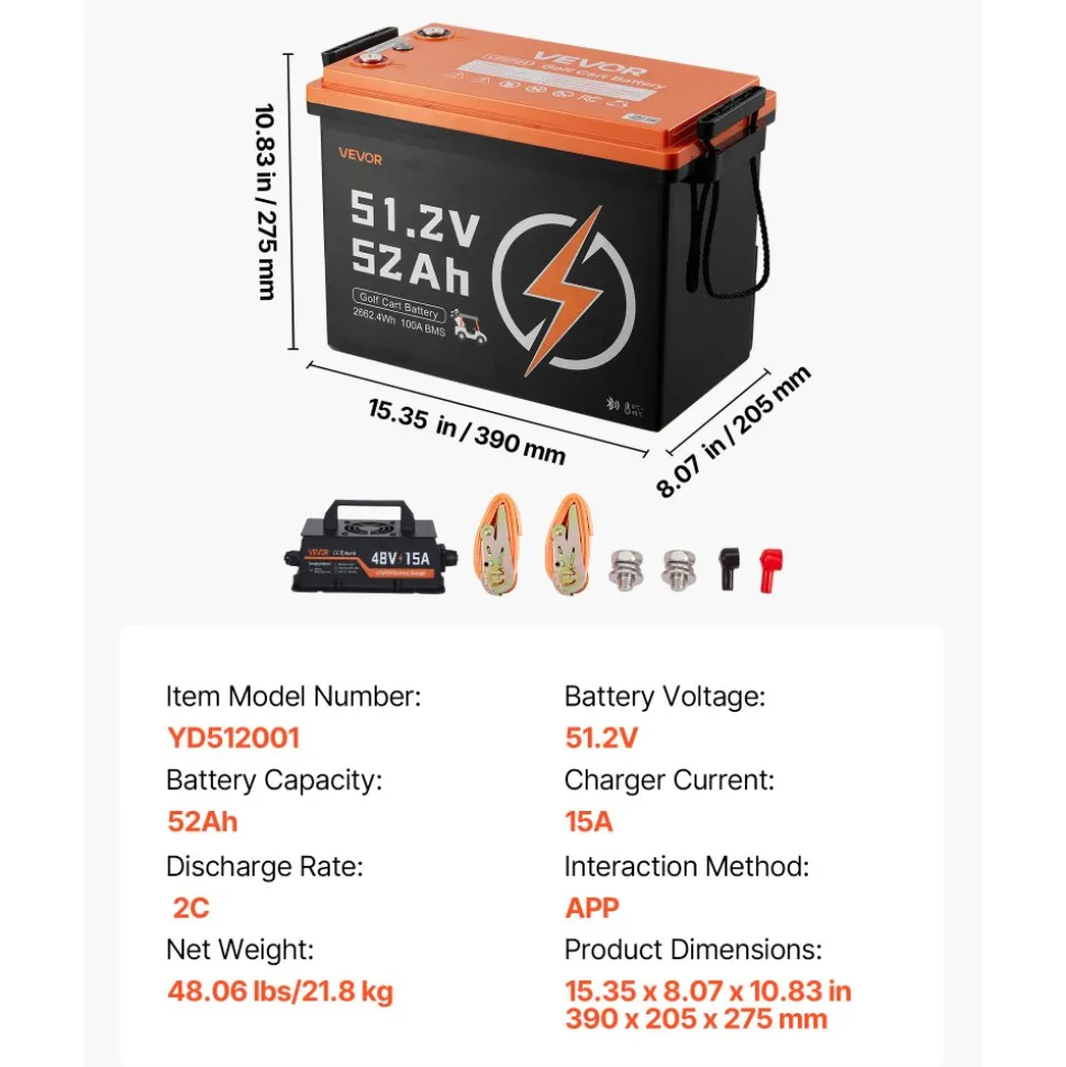 VEVOR 48V (51.2V) 52AH Lithium Golf Cart Battery, with 15A Charger, Lifepo4 Battery Kit, Built-in 100A BMS, 4000 Cycles, 2C Discharge Rate, Bluetooth & Mobile APP, for Golf Carts, Trolling Motors