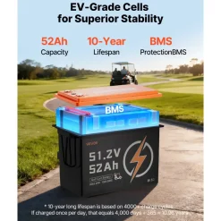 VEVOR 48V (51.2V) 52AH Lithium Golf Cart Battery, with 15A Charger, Lifepo4 Battery Kit, Built-in 100A BMS, 4000 Cycles, 2C Discharge Rate, Bluetooth & Mobile APP, for Golf Carts, Trolling Motors