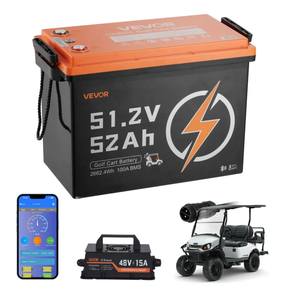 VEVOR 48V (51.2V) 52AH Lithium Golf Cart Battery, with 15A Charger, Lifepo4 Battery Kit, Built-in 100A BMS, 4000 Cycles, 2C Discharge Rate, Bluetooth & Mobile APP, for Golf Carts, Trolling Motors