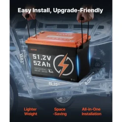 VEVOR 48V (51.2V) 52AH Lithium Golf Cart Battery, with 15A Charger, Lifepo4 Battery Kit, Built-in 100A BMS, 4000 Cycles, 2C Discharge Rate, Bluetooth & Mobile APP, for Golf Carts, Trolling Motors
