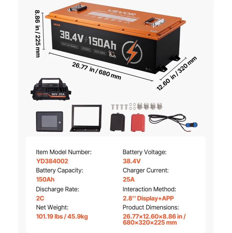 VEVOR 36V (38.4V) 150AH Lithium Golf Cart Battery, with 25A Charger, Lifepo4 Battery Kit, Built-in 250A BMS, with Bluetooth Mobile APP & Touch Monitor, 4000 Cycles, for Golf Carts, Trolling Motors