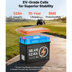 VEVOR 36V (38.4V) 52AH Lithium Golf Cart Battery, with 18A Charger, Lifepo4 Battery Kit, Built-in 100A BMS, 4000 Cycles, 2C Discharge Rate, Bluetooth & Mobile APP, for Golf Carts, Trolling Motors