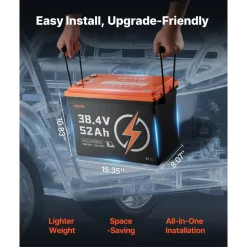 VEVOR 36V (38.4V) 52AH Lithium Golf Cart Battery, with 18A Charger, Lifepo4 Battery Kit, Built-in 100A BMS, 4000 Cycles, 2C Discharge Rate, Bluetooth & Mobile APP, for Golf Carts, Trolling Motors