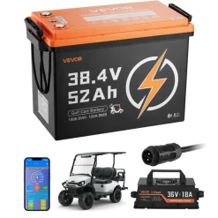 VEVOR 36V (38.4V) 52AH Lithium Golf Cart Battery, with 18A Charger, Lifepo4 Battery Kit, Built-in 100A BMS, 4000 Cycles, 2C Discharge Rate, Bluetooth & Mobile APP, for Golf Carts, Trolling Motors