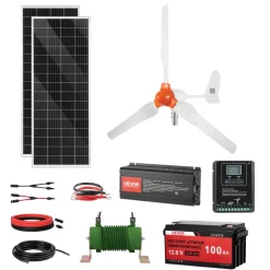 VEVOR 12V 600W Solar Wind Power Kit, 2PCS 100W Solar Panel + 400W Wind Turbine + 12.8V 100Ah LiFePO4 Battery + 1000W Power Inverter + MPPT Wind/Solar Hybrid Controller for Home RV Boat Farm Off-Grid