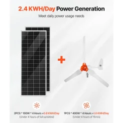 VEVOR 12V 600W Solar Wind Power Kit, 2PCS 100W Solar Panel + 400W Wind Turbine + 12.8V 100Ah LiFePO4 Battery + 1000W Power Inverter + MPPT Wind/Solar Hybrid Controller for Home RV Boat Farm Off-Grid
