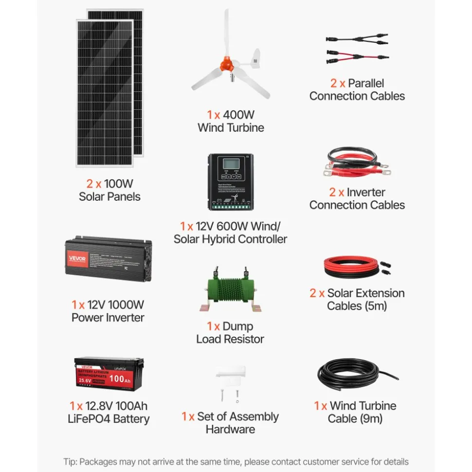 VEVOR 12V 600W Solar Wind Power Kit, 2PCS 100W Solar Panel + 400W Wind Turbine + 12.8V 100Ah LiFePO4 Battery + 1000W Power Inverter + MPPT Wind/Solar Hybrid Controller for Home RV Boat Farm Off-Grid