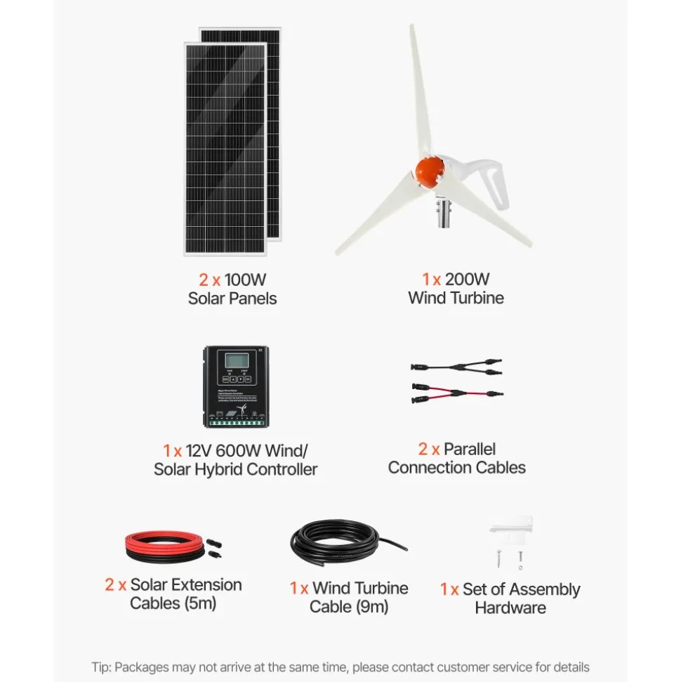 VEVOR 12V 400W Solar Wind Power Kit, 2PCS 100W Monocrystalline Solar Panels + 200W Wind Turbine + MPPT Wind/Solar Hybrid System Controller for Home RV Boat Camping Off-Grid Applications