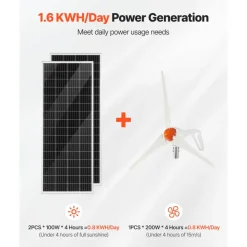 VEVOR 12V 400W Solar Wind Power Kit, 2PCS 100W Monocrystalline Solar Panels + 200W Wind Turbine + MPPT Wind/Solar Hybrid System Controller for Home RV Boat Camping Off-Grid Applications