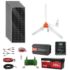 VEVOR 24V 1000W Solar Wind Power Kit, 6*100W Solar Panel + 400W Wind Turbine + 25.6V 100Ah LiFePO4 Battery + 3000W Power Inverter + MPPT Wind/Solar Hybrid Controller for Home Boat Cabin Farm Off-Grid