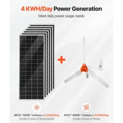 VEVOR 24V 1000W Solar Wind Power Kit, 6*100W Solar Panel + 400W Wind Turbine + 25.6V 100Ah LiFePO4 Battery + 3000W Power Inverter + MPPT Wind/Solar Hybrid Controller for Home Boat Cabin Farm Off-Grid