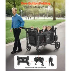 VEVOR Wagon Stroller for 4 Kids, Push Pull Quad Collapsible Stroller with Adjustable Handle, Safety Harness & Removable Canopy, 4-Seater Stroller Wagon for Camping, Dark Gray & Black (330LBS Loading)