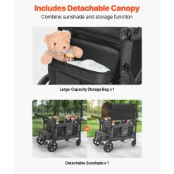 VEVOR Wagon Stroller for 4 Kids, Push Pull Quad Collapsible Stroller with Adjustable Handle, Safety Harness & Removable Canopy, 4-Seater Stroller Wagon for Camping, Dark Gray & Black (330LBS Loading)