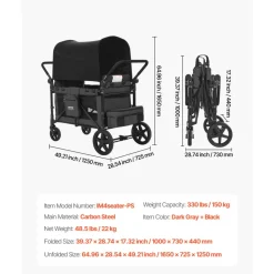 VEVOR Wagon Stroller for 4 Kids, Push Pull Quad Collapsible Stroller with Adjustable Handle, Safety Harness & Removable Canopy, 4-Seater Stroller Wagon for Camping, Dark Gray & Black (330LBS Loading)