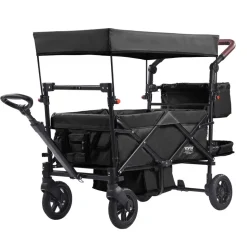 VEVOR Wagon Stroller for 2 Kids, Push Pull Quad Collapsible Stroller with Adjustable Handle, Encircling Harness Removable Canopy, 4 Wheels with Brakes, Mutifunction Tandem Stroller for Camping Black