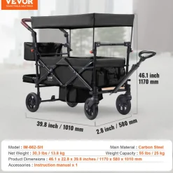 VEVOR Wagon Stroller for 2 Kids, Push Pull Quad Collapsible Stroller with Adjustable Handle, Encircling Harness Removable Canopy, 4 Wheels with Brakes, Mutifunction Tandem Stroller for Camping Black