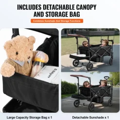 VEVOR Wagon Stroller for 2 Kids, Push Pull Quad Collapsible Stroller with Adjustable Handle, Encircling Harness Removable Canopy, 4 Wheels with Brakes, Mutifunction Tandem Stroller for Camping Black