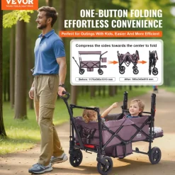 VEVOR Wagon Stroller for 2 Kids, Push Pull Quad Collapsible Stroller with Adjustable Handle, Encircling Harness Removable Canopy,4 Wheels w/ Brakes,Mutifunction Tandem Stroller for Camping Dark Purple