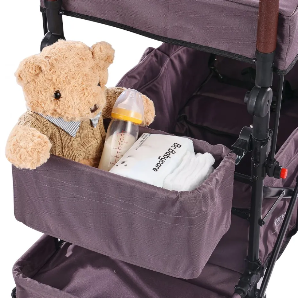 VEVOR Wagon Stroller for 2 Kids, Push Pull Quad Collapsible Stroller with Adjustable Handle, Encircling Harness Removable Canopy,4 Wheels w/ Brakes,Mutifunction Tandem Stroller for Camping Dark Purple