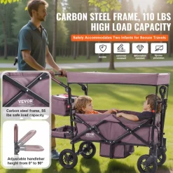 VEVOR Wagon Stroller for 2 Kids, Push Pull Quad Collapsible Stroller with Adjustable Handle, Encircling Harness Removable Canopy,4 Wheels w/ Brakes,Mutifunction Tandem Stroller for Camping Dark Purple